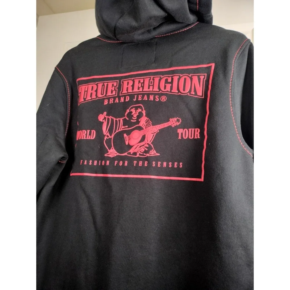 True Religion Mens XL Black Red Contrast Stitch Full Zip Hoodie Buddha Worldtour